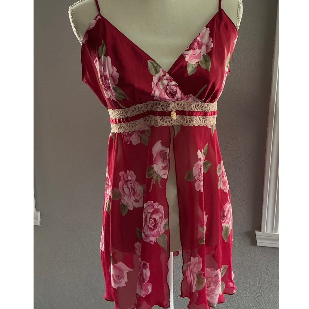 California Dynasty Floral Red Ivory Split‎ Front Babydoll Slip Dress